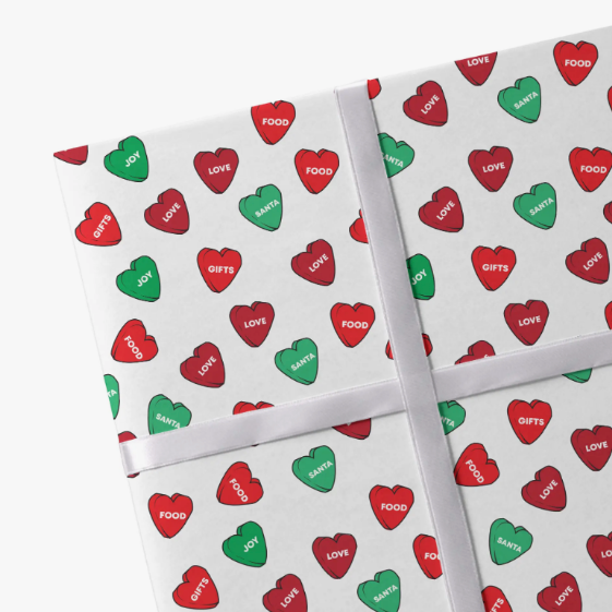 2 Sheets Christmas Hearts White Wrapping Paper Sustainable